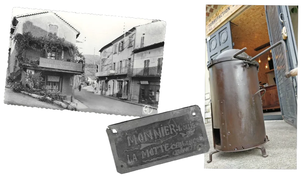 La Boutique la Plaque et le Torrefacteur de Louis Monnier mon Arriere Grand-Pere à La Motte Chalencon